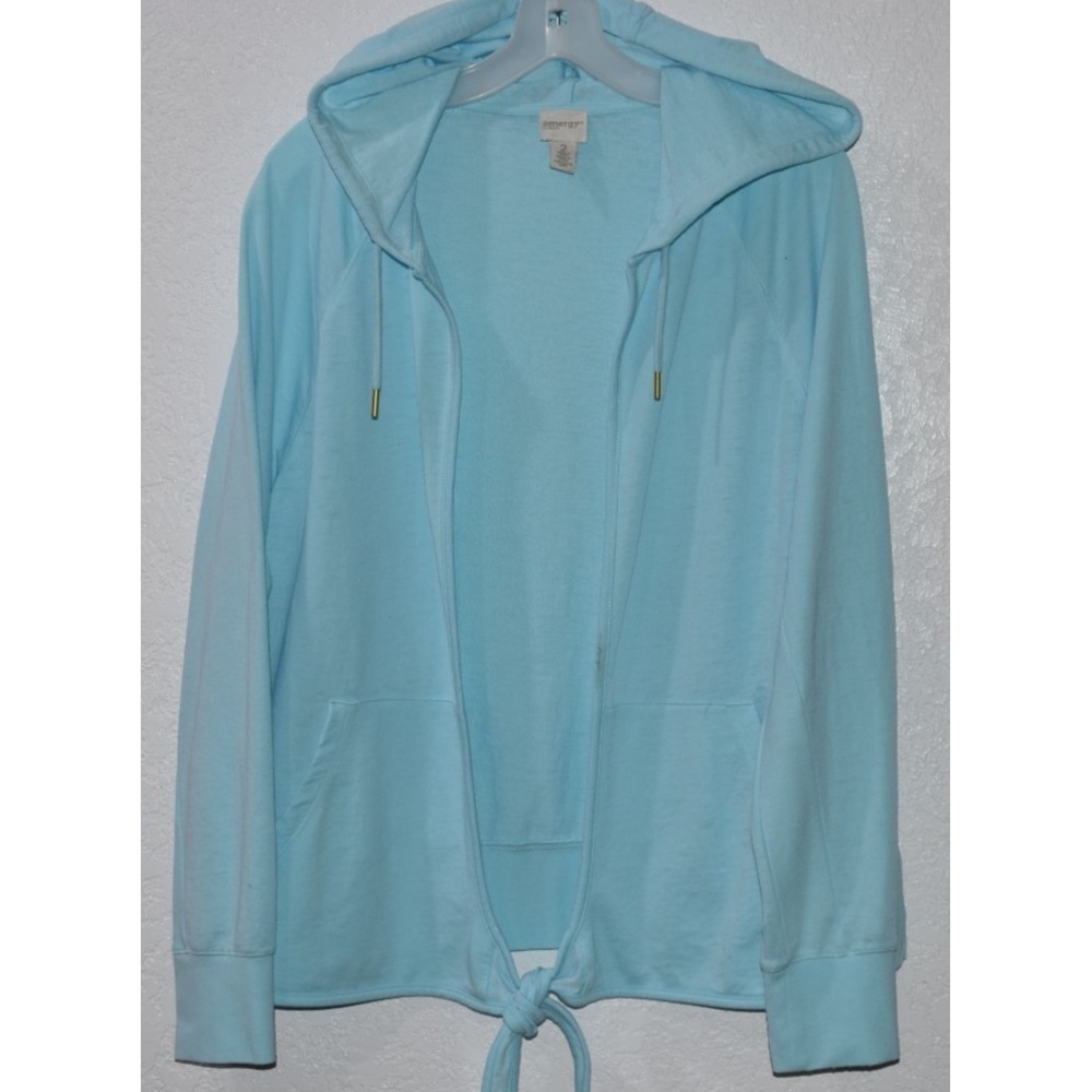 Chicos Zenergy Open Front Hooded Aqua Blue Jacket Cardigan Size‎ 2 (10/12) Large